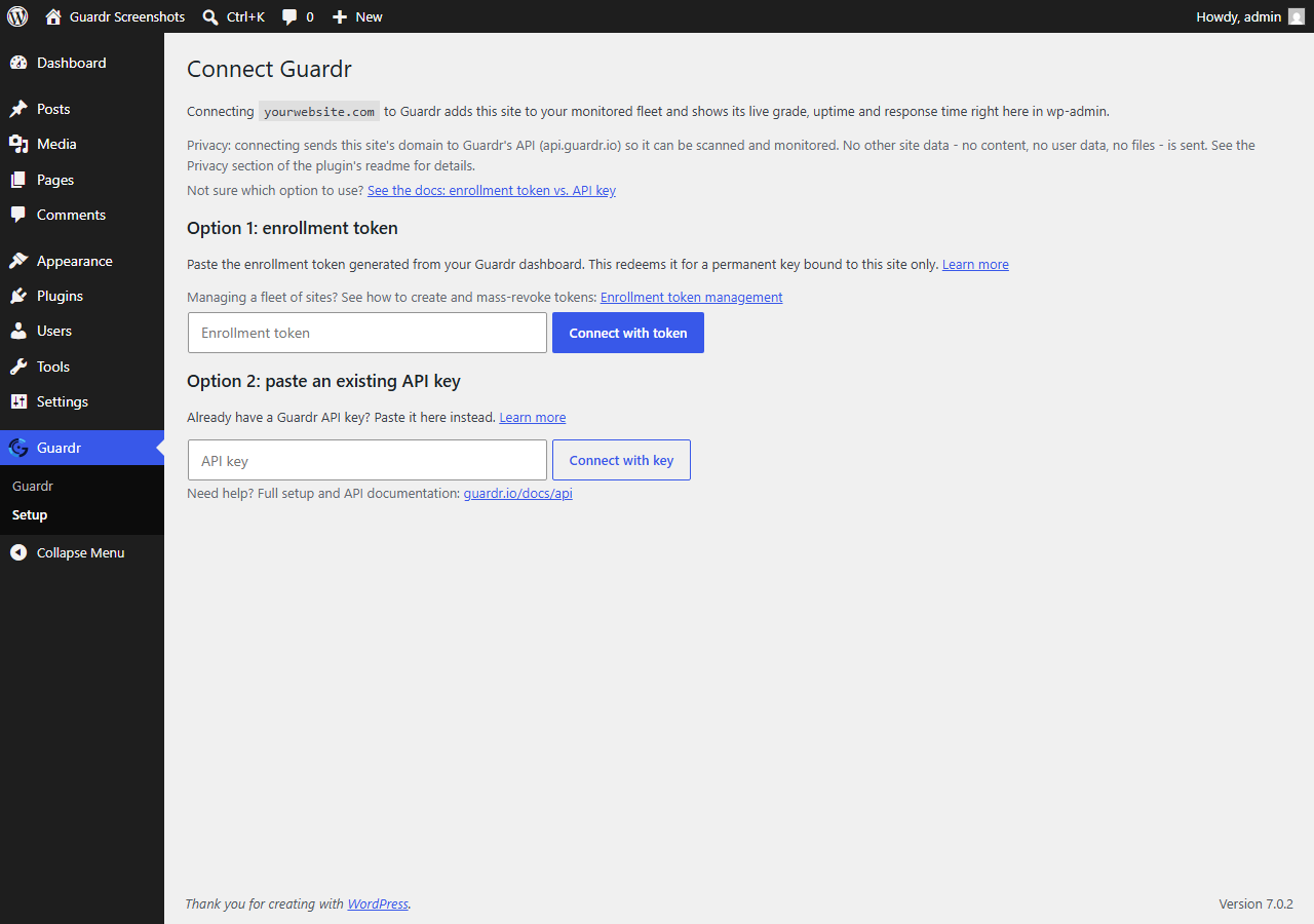 The Guardr setup screen in wp-admin, with fields for an enrollment token or an existing API key