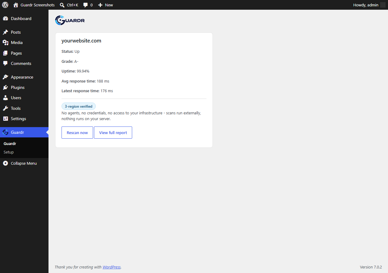 The Guardr widget in wp-admin, showing security grade, uptime percentage and response time for a connected site